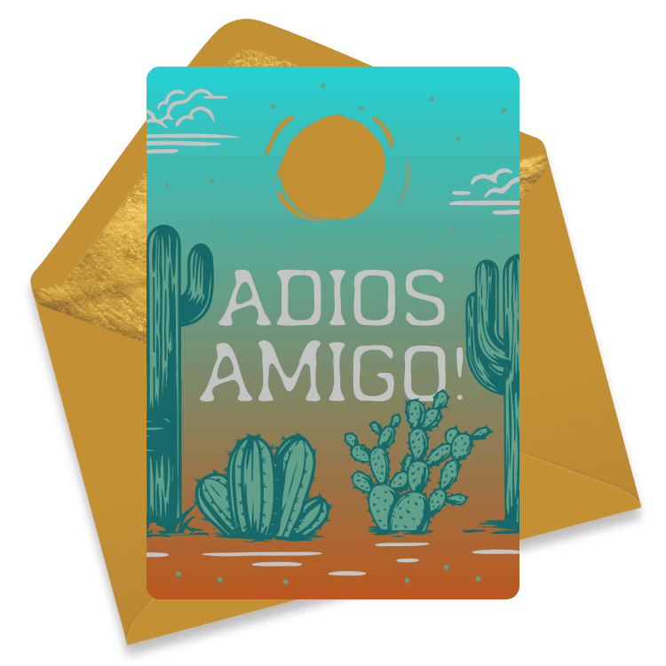 Farewell ecard with a green card and yellow envelope, featuring cacti, a sunset, and the phrase 