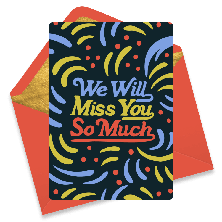 Black farewell ecard with an orange envelope, featuring colorful abstract shapes and the message 