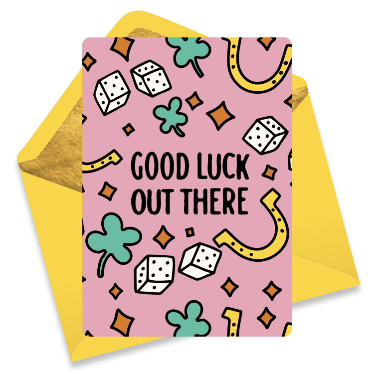 Pink farewell ecard with a yellow envelope featuring dice, horseshoes, clovers, and other lucky symbols with the message 