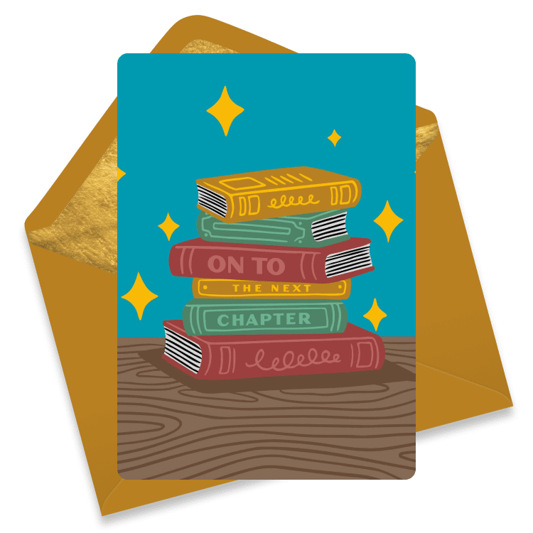 Farewell ecard with a blue and brown card on a mustard envelope featuring a stack of books and the phrase 