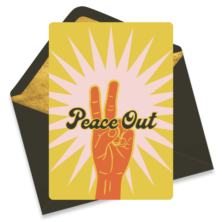 Yellow farewell ecard on a black envelope with an illustrated hand making a peace sign, a starburst behind it, and the phrase 