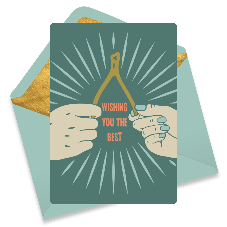 Illustrated farewell eCard featuring two hands pulling a wishbone with the message 