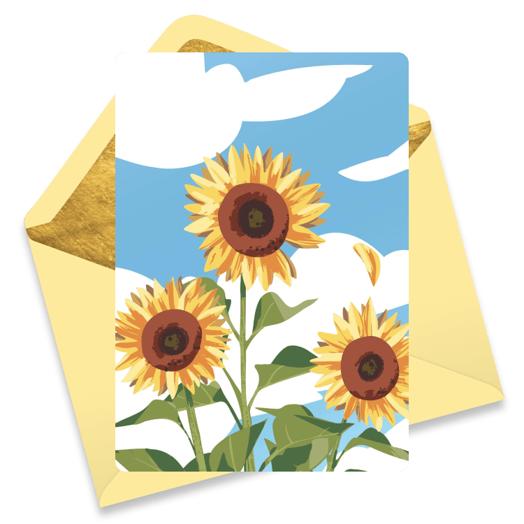 Illustrated farewell eCard featuring bright sunflowers against a blue sky with white clouds, paired with a golden yellow envelope.