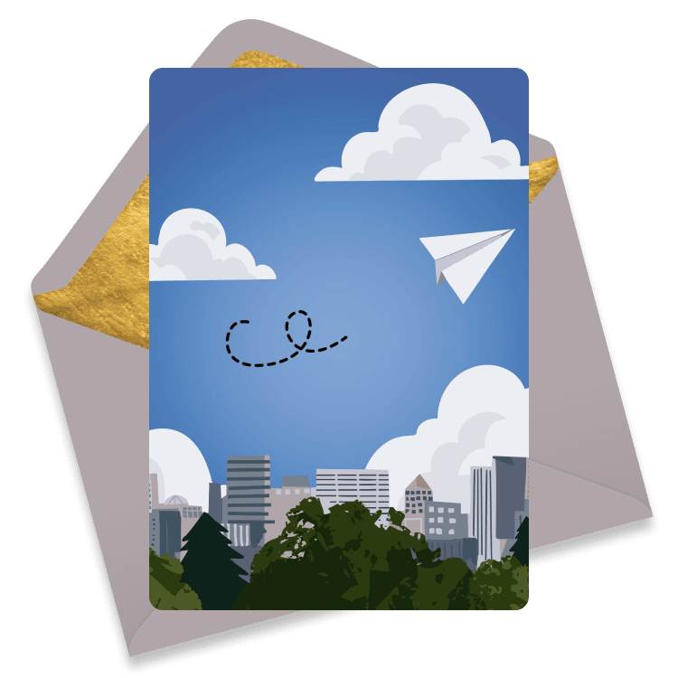 Illustrated farewell eCard showing a paper airplane flying above a city skyline with swirling clouds and a lavender envelope with a gold liner.