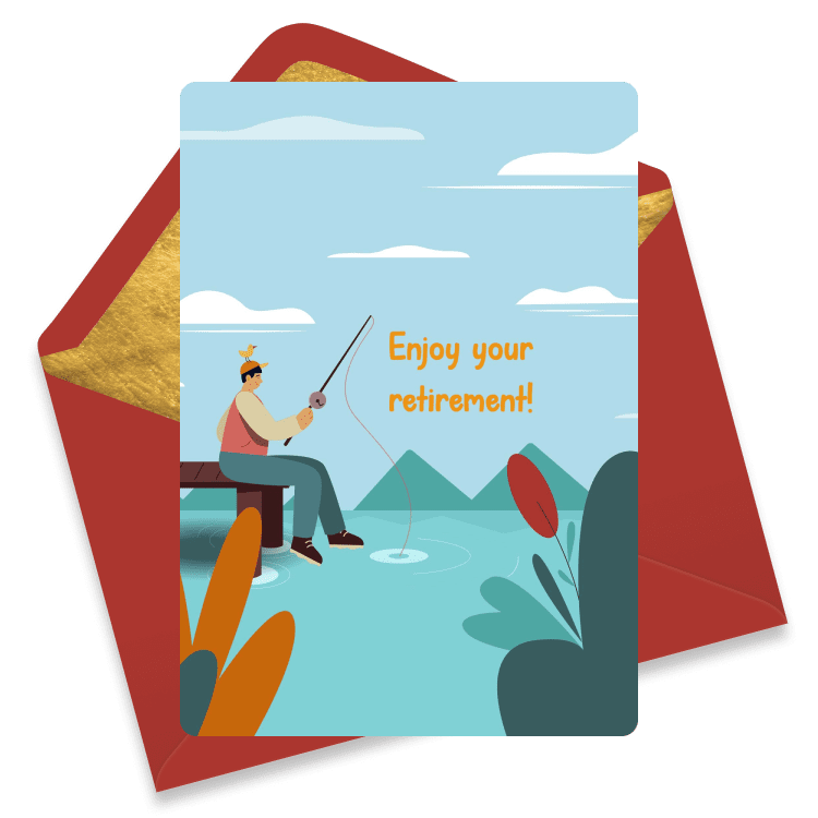 Retirement farewell eCard with a cheerful illustration of a man fishing off a dock, mountains and lake in the background, paired with a maroon envelope and gold lining.