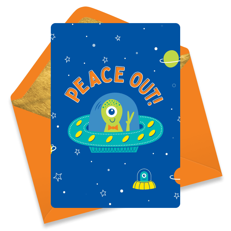 Farewell eCard with a cartoon alien in a spaceship waving 