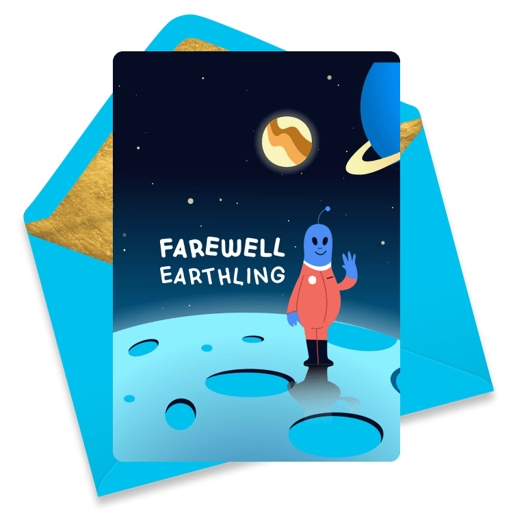 Farewell eCard featuring a friendly green alien standing on a cratered planet with a dark sky, distant planet, and the phrase 