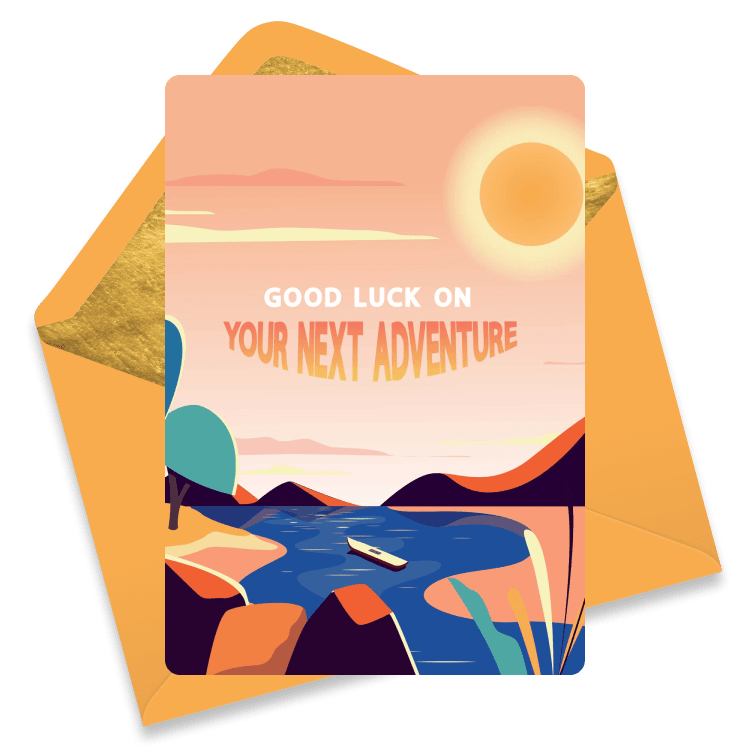 Farewell eCard with an orange and blue illustration of a boat floating down a river through a canyon, with the text 