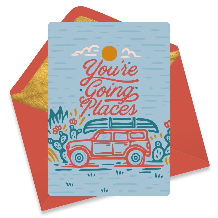 Blue farewell eCard with a line-drawn car driving toward a sunset and the message 