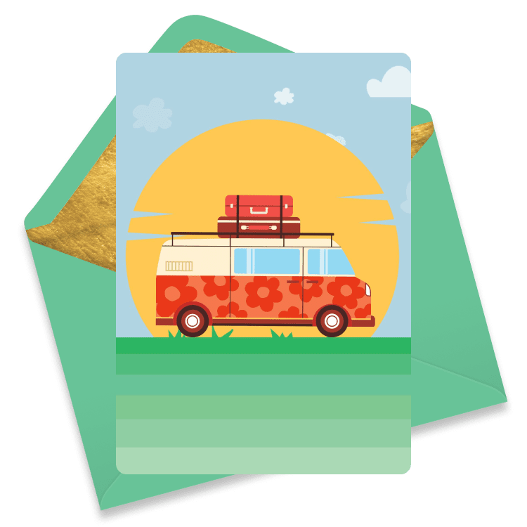 Farewell eCard with a camper van and luggage on top, set against a bright sun, green ground, and blue sky. Green envelope with gold lining.