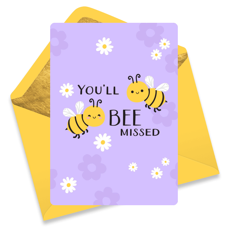 Purple farewell eCard with illustrated bees and the message 