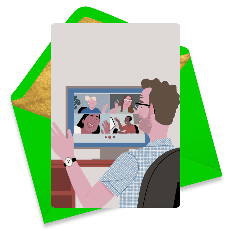 Illustrated farewell eCard showing a man at a computer with four coworkers waving goodbye on Zoom. Green envelope with gold lining.