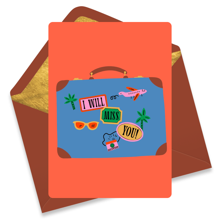 Farewell eCard featuring a suitcase with colorful travel stickers and the message 