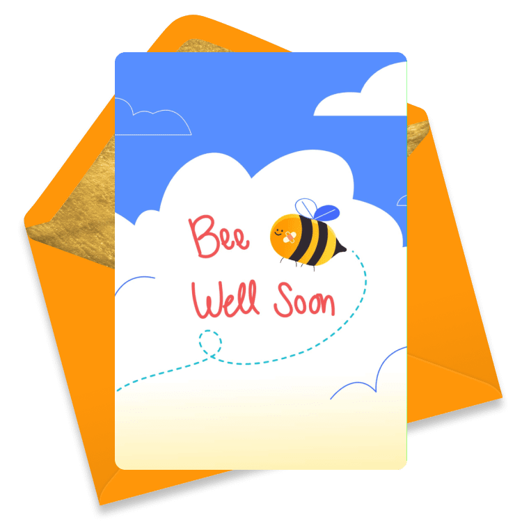 An adorable cartoon bee buzzes by a puffy white cloud in front of a bright blue sky. Red script spells 