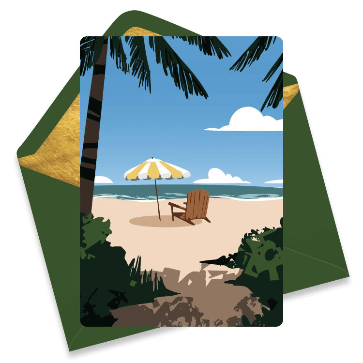 Farewell eCard with a beach chair under an umbrella facing the ocean, framed by palm trees.