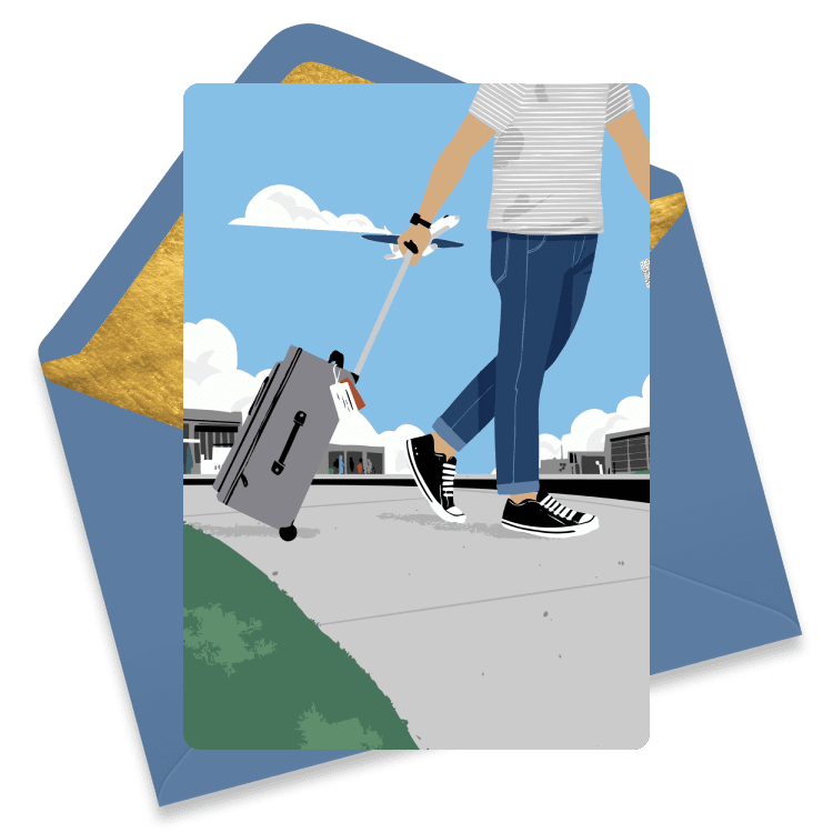 Farewell eCard showing a person in jeans and sneakers rolling a suitcase down a city sidewalk.