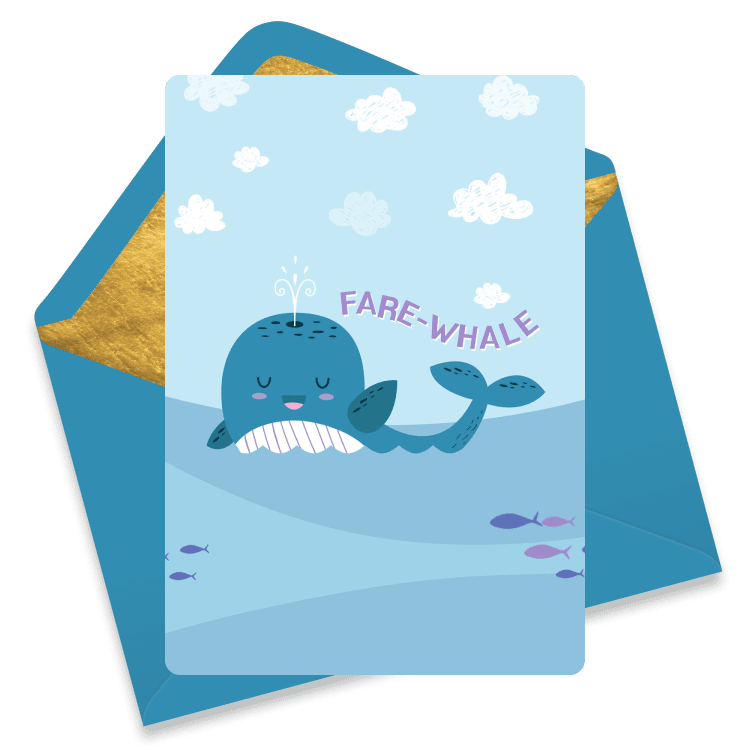 Farewell eCard with a smiling whale surfacing from the ocean and the pun “fare-whale” above.