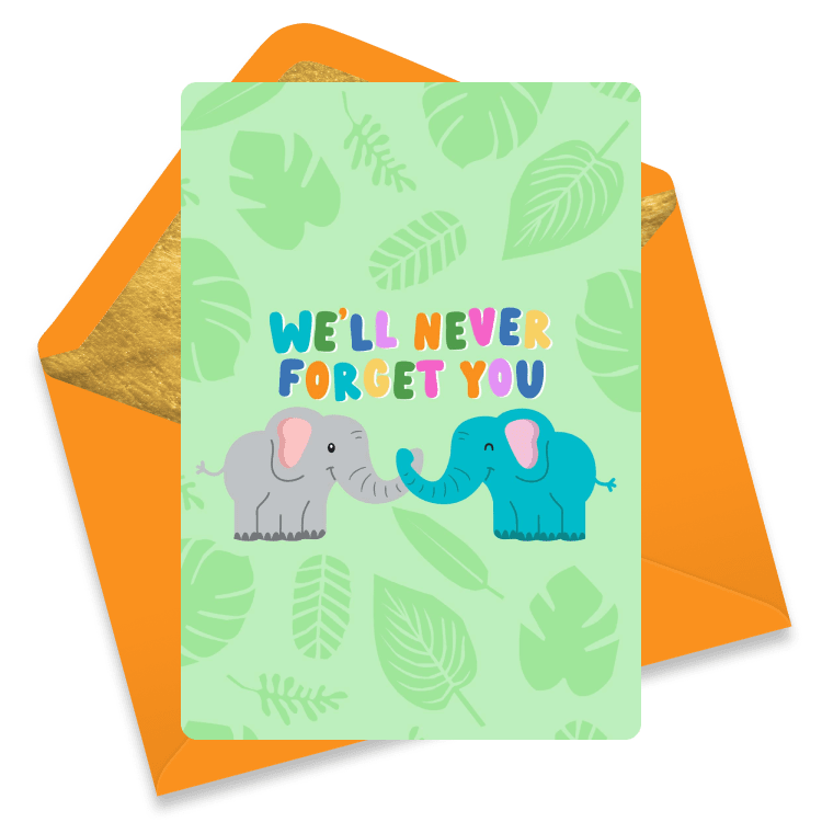 Colorful farewell ecard featuring two cute elephants with the message 