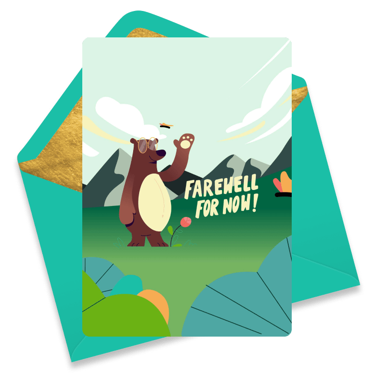 Illustrated farewell ecard featuring a bear waving in a natural setting with the text 