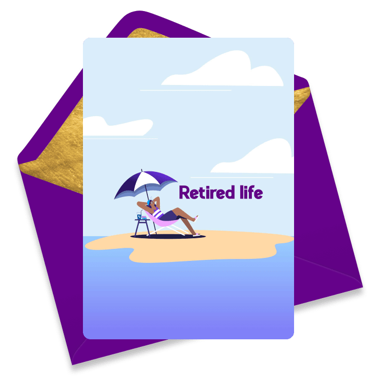 Illustrated farewell ecard featuring a purple envelope and beach scene with a person lounging under an umbrella and the text 