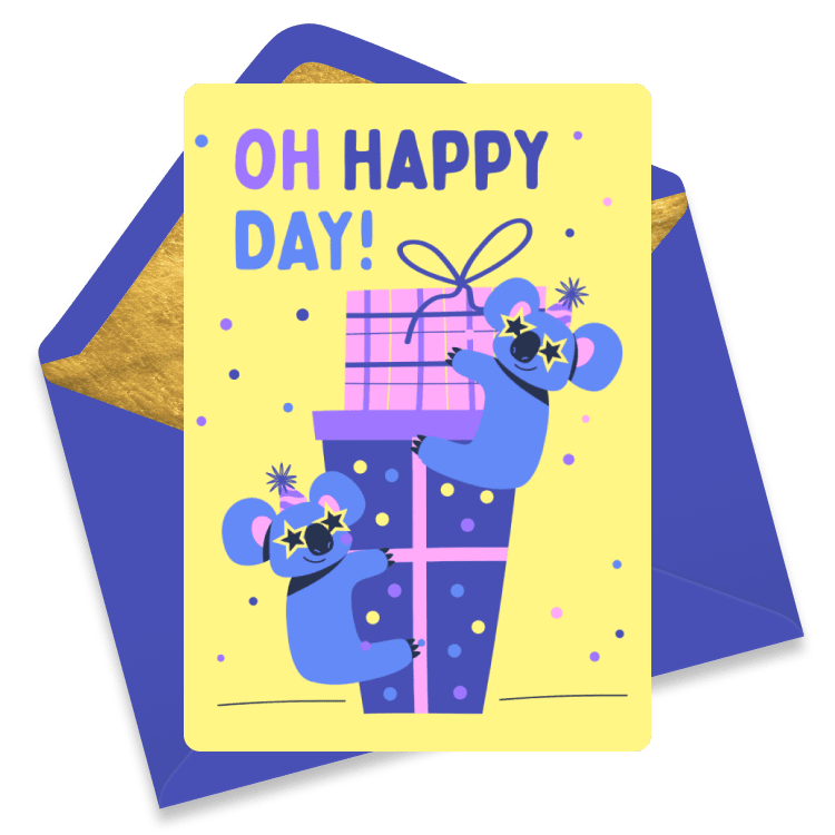Illustrated birthday eCard featuring a blue present with ribbons, confetti, and a bright yellow speech bubble that reads 'Oh Happy Day'.
