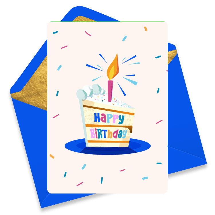 Colorful birthday eCard featuring a slice of cake with rainbow lettering that says 