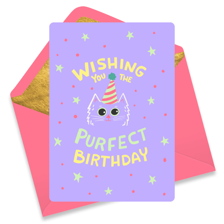 Cute birthday eCard with a pastel purple background featuring a cartoon cat in a party hat, surrounded by stars and confetti, with playful text that reads 