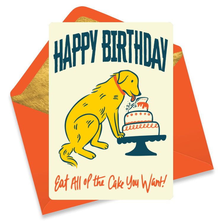 A golden retriever with a red collar eating a three tiered birthday cake atop a cake stand with the message 