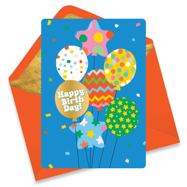 Multi-colored balloons with fun and festive patterns rise into a confetti-filled blue sky. One of the balloons says Happy Birthday!
