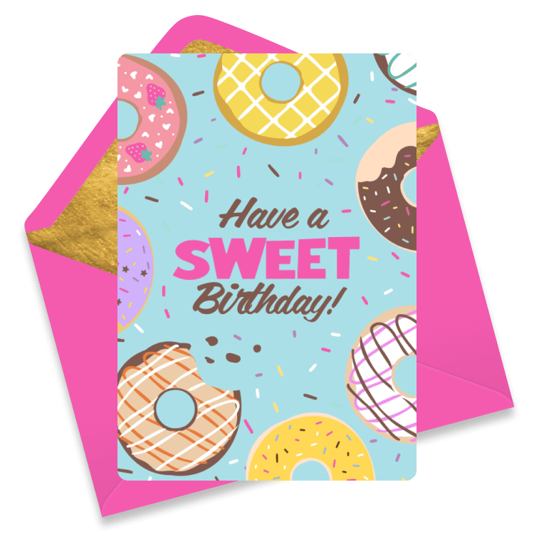 A fun and festive birthday card decorated with delicious donuts, with the message 