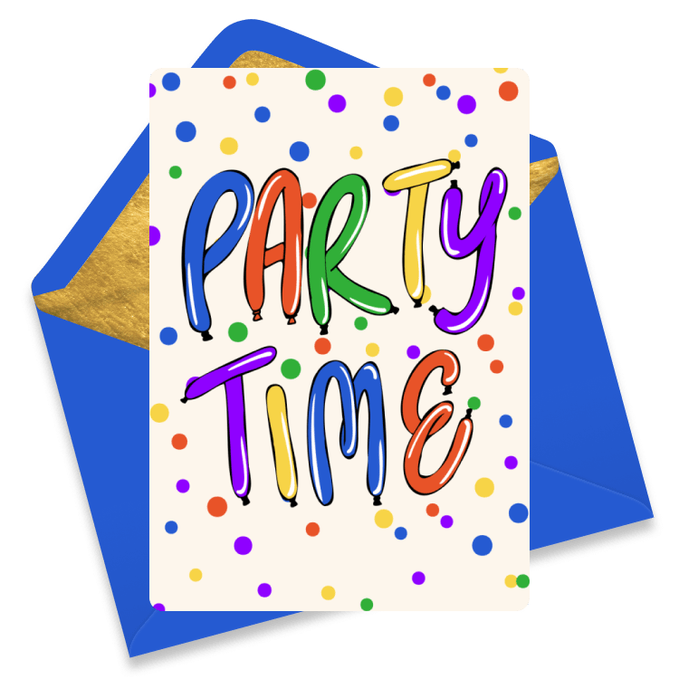 A colorful, confetti-covered “PARTY TIME” card written in a bold, bright, and fun font.