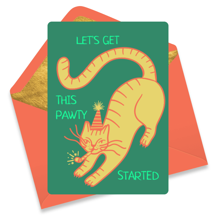 A yellow cartoon cat wearing a birthday party hat is stretching on a green background. Around the cat is the message 