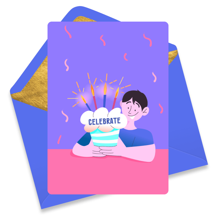 A drooling person holding a giant blue striped cupcake topped with four sparkling candles and the words CELEBRATE on the white ciing