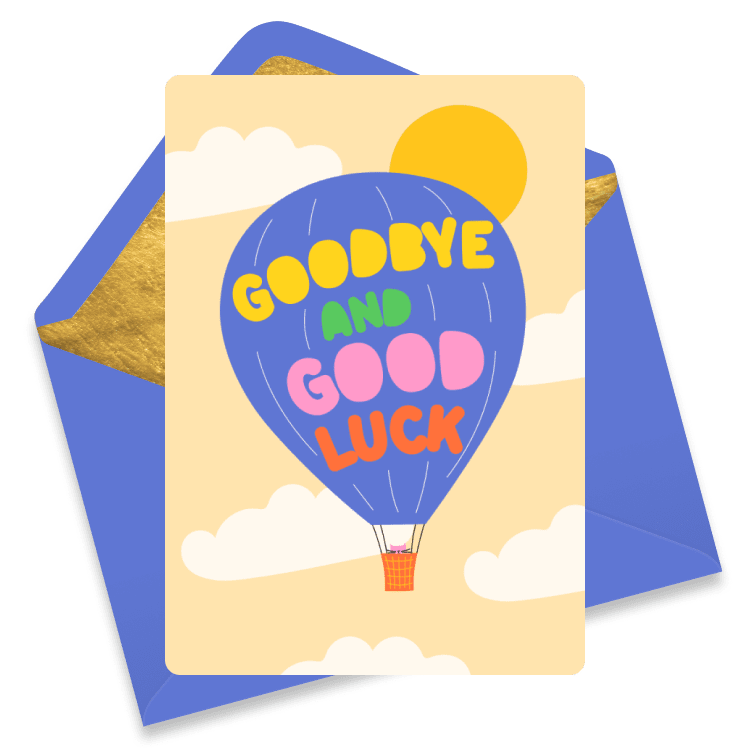 Vibrant farewell card with the words 'Goodbye Good Luck' in colorful letters, decorated with confetti on a yellow background, resting on a purple envelope.