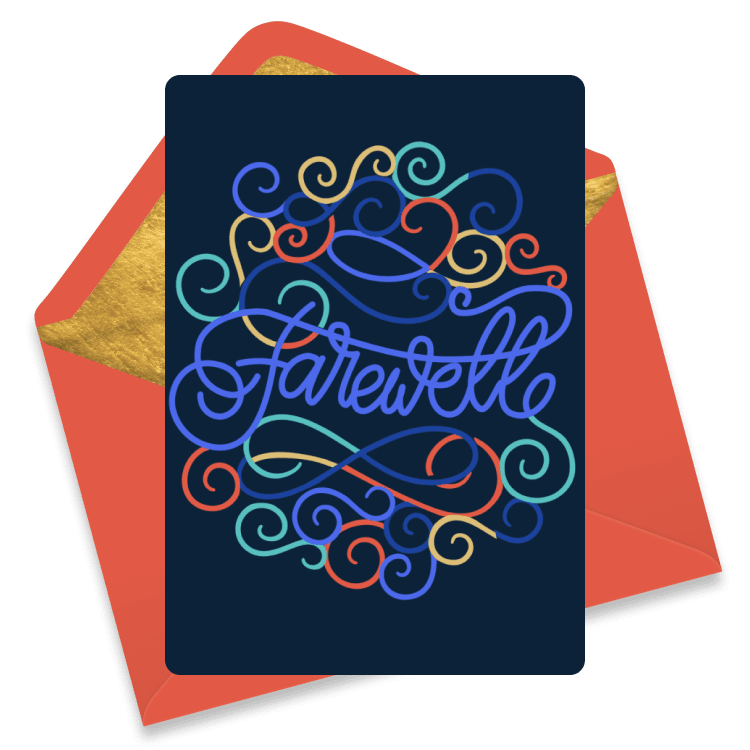 Dark blue farewell card with colorful swirling calligraphy spelling 'farewell', placed on a red-orange envelope with a gold interior.