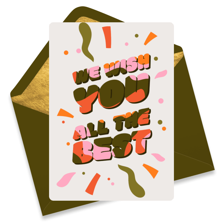 Festive farewell card with confetti and the message 'We wish you all the best' in bold orange and pink letters, on a white card resting on a golden envelope.