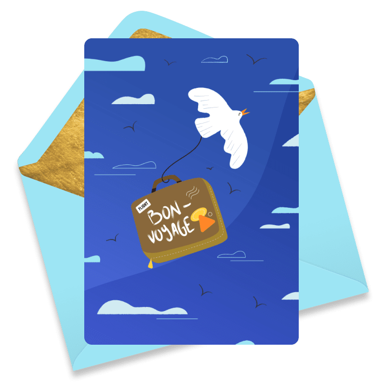 Whimsical farewell card featuring a white bird flying with a suitcase labeled 'Bon voyage' against a bright blue sky with fluffy clouds, resting on golden and aqua envelopes.