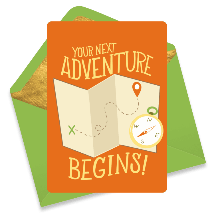 Bright farewell eCard with an orange background featuring a map, compass, and the text “Your Next Adventure Begins!”—perfect for celebrating new journeys, career changes, graduations, or exciting life milestones.