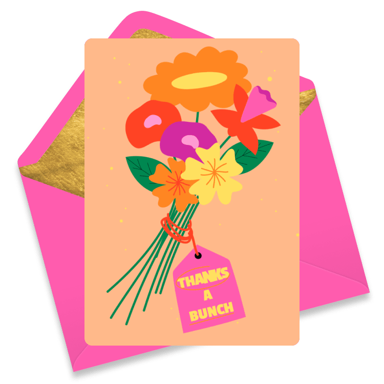 Vibrant thank you card with a bouquet of colorful flowers on an orange and pink background, with a small thank you tag