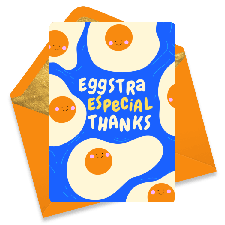 Blue thank you card with fried eggs and the punny phrase 'eggstra special thanks', paired with an orange envelope.