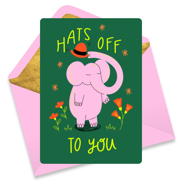 Green thank you card featuring a pink elephant wearing a hat with golden stars and the words 'Hats Off to You', with pink and yellow envelopes behind it.