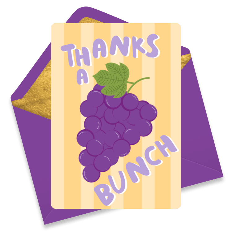 Playful thank you card featuring a bunch of purple grapes with the phrase 'Thanks a bunch' on a yellow and purple background, with an envelope behind it.