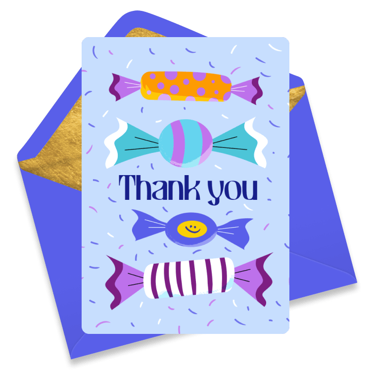 Cheerful thank you card decorated with colorful candies and stripes, with the words 'Thank you' repeated in the center on a purple background and an envelope behind it.