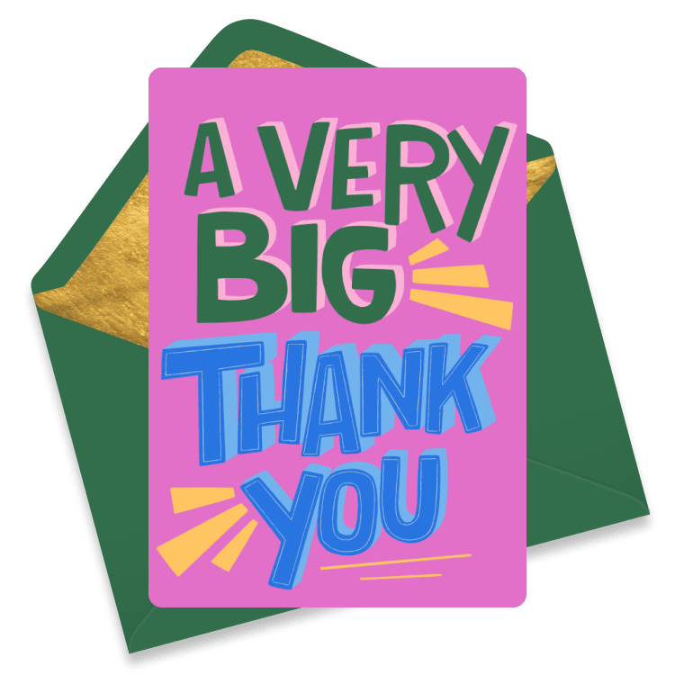 Vibrant thank you card featuring the words 'A Very Big Thank You' in bold, colorful letters with shades of pink, blue, green and yellow on a purple square background, with a dark green envelope behind it.