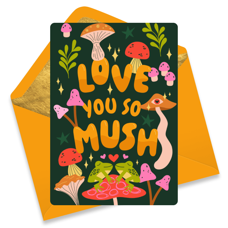 Playful love eCard with colorful mushrooms and frogs, featuring the phrase 'Love You So Mush'.
