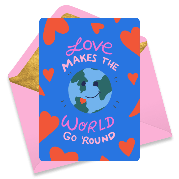 Bright love eCard with a smiling Earth and hearts, featuring the phrase 'Love Makes the World Go 'Round'.