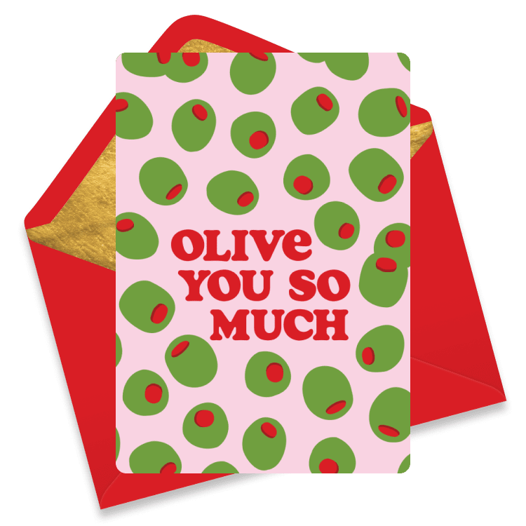 Fun love eCard with green olives on a pink background, reading 'Olive You So Much'.