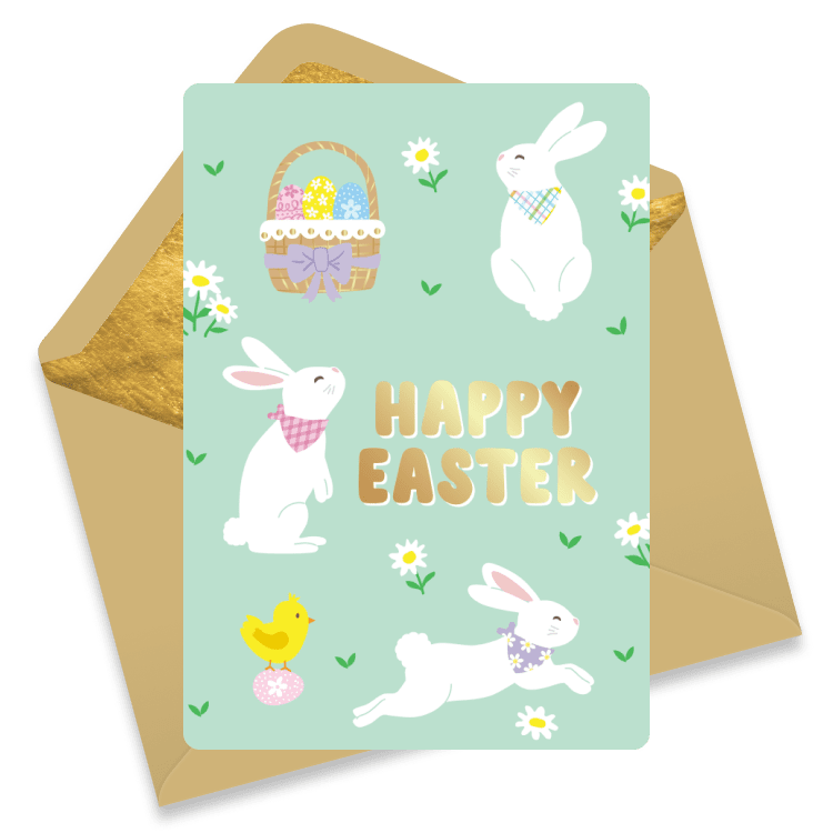 Easter card with cute white bunnies, a yellow chick, daisies, and a basket of colorful eggs on a pastel green background.
