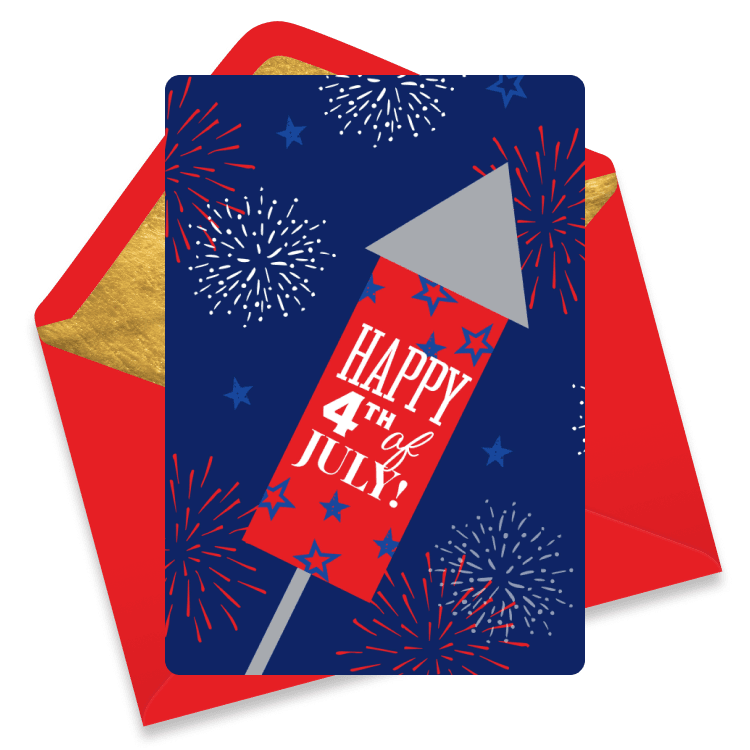 4th of July card with red flowers, blue fireworks, and white background, reading 'Happy Fourth of July'.