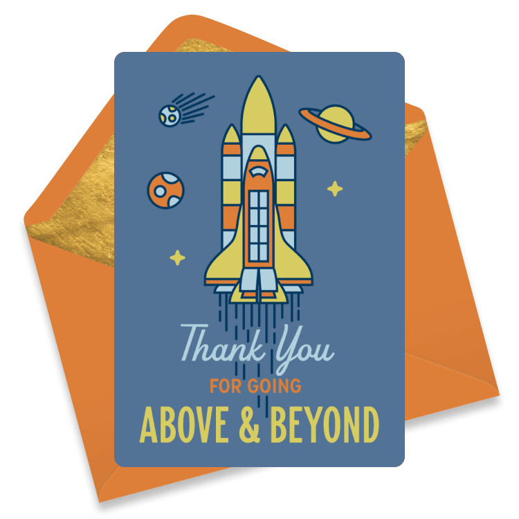 Rocket ship staff appreciation eCard reading “Thank you for going above & beyond,” surrounded by planets, stars, and space elements.